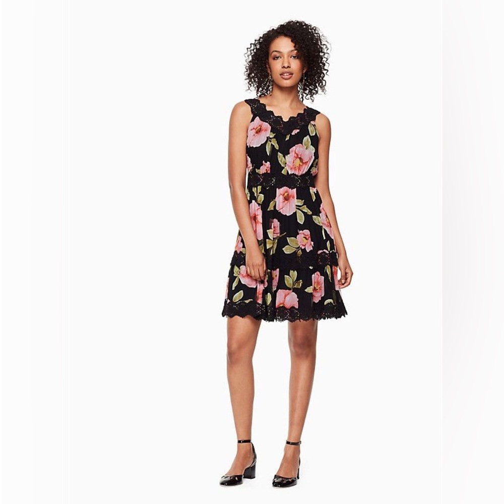 Kate Spade Black Floral Silk Dress with Lace Size 16 NWT‎
